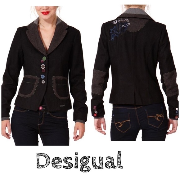 Desigual Black & Brown Button Logroño Wool-Blend Blazer patch button embellished - Picture 1 of 16